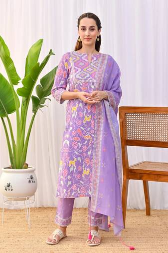 Purple rayon slub fabric printed with embroidery work ceremonial salwar kameez