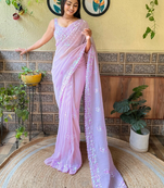 Lavender georgette embroidery and sequin work saree with blouse piece