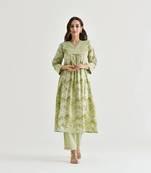 Lemon rayon slub fabric printed with moti hand work ceremonial salwar kameez