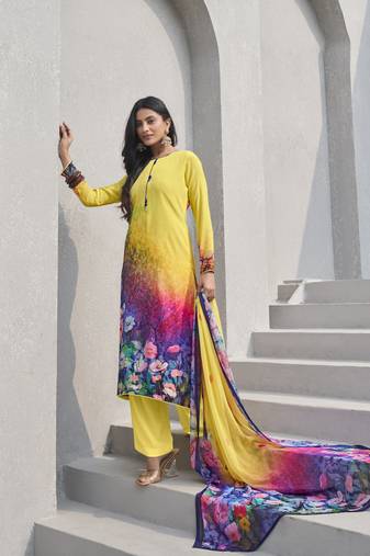 Yellow designer crepe fabric ceremonial salwar suit