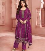 Purple woven jacquard partywear salwar kameez with embroidery work