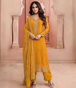 Yellow woven jacquard partywear salwar kameez with embroidery work