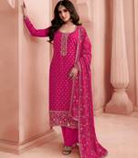 Pink woven jacquard partywear salwar kameez with embroidery work