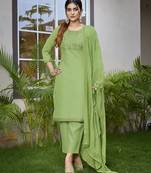 Light green cotton blend fabric designer embroidered work graceful partywear suit