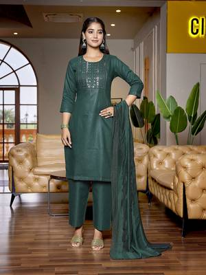 Bottle green cotton blend fabric embroidered work graceful partywear suit 1