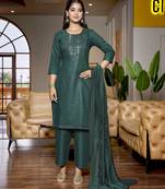 Bottle green cotton blend fabric designer embroidered work graceful partywear suit