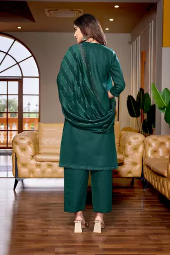 Bottle green cotton blend fabric embroidered work graceful partywear suit