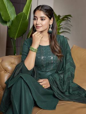 Bottle green cotton blend fabric embroidered work graceful partywear suit 3