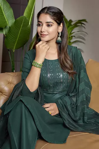 Bottle green cotton blend fabric embroidered work graceful partywear suit