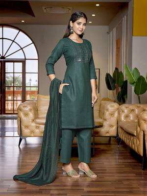 Bottle green cotton blend fabric embroidered work graceful partywear suit 4