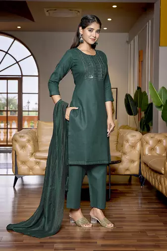 Bottle green cotton blend fabric embroidered work graceful partywear suit