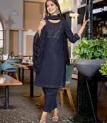 Navy blue cotton blend fabric designer embroidered work graceful partywear suit