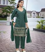 Bottle green crepe fabric foil printed designer graceful partywear suit