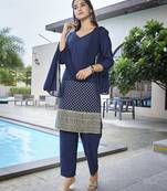 Navy blue crepe fabric foil printed designer graceful partywear suit