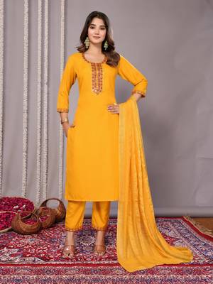 Mustard blended cotton fabric salwar suit with embroidered work 1