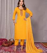 Mustard blended cotton fabric salwar suit with embroidered work
