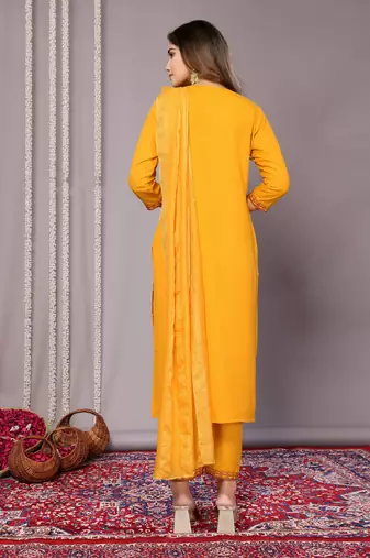 Mustard blended cotton fabric salwar suit with embroidered work