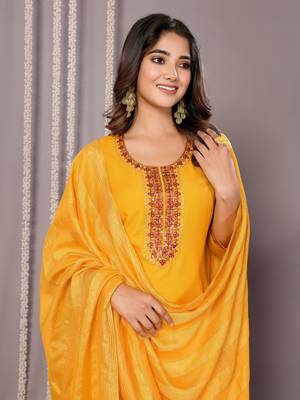 Mustard blended cotton fabric salwar suit with embroidered work 3