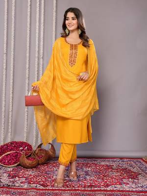 Mustard blended cotton fabric salwar suit with embroidered work 4