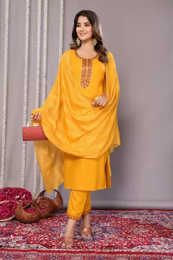 Mustard blended cotton fabric salwar suit with embroidered work