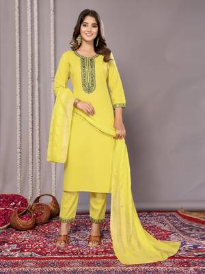 Yellow blended cotton fabric salwar suit with embroidered work 1