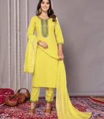 Yellow blended cotton fabric salwar suit with embroidered work