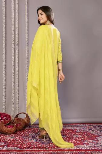 Yellow blended cotton fabric salwar suit with embroidered work