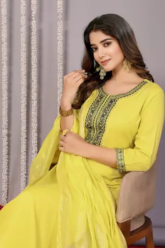 Yellow blended cotton fabric salwar suit with embroidered work