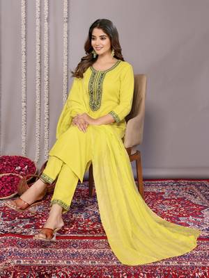 Yellow blended cotton fabric salwar suit with embroidered work 4