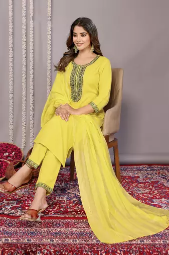 Yellow blended cotton fabric salwar suit with embroidered work