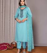Turquoise blue blended cotton fabric salwar suit with designer embroidered work