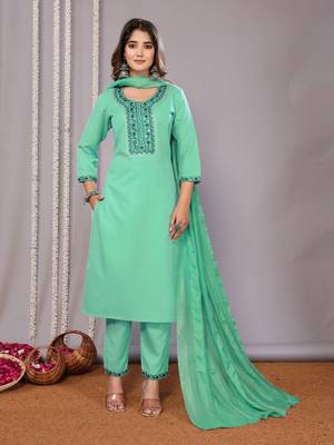 Sea green blended cotton fabric salwar suit with embroidered work 1