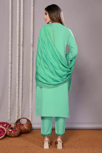 Sea green blended cotton fabric salwar suit with embroidered work
