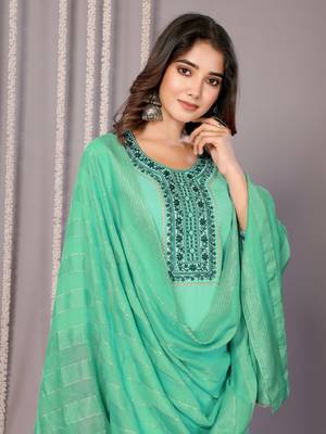 Sea green blended cotton fabric salwar suit with embroidered work 3