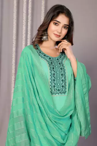 Sea green blended cotton fabric salwar suit with embroidered work