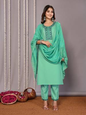 Sea green blended cotton fabric salwar suit with embroidered work 4
