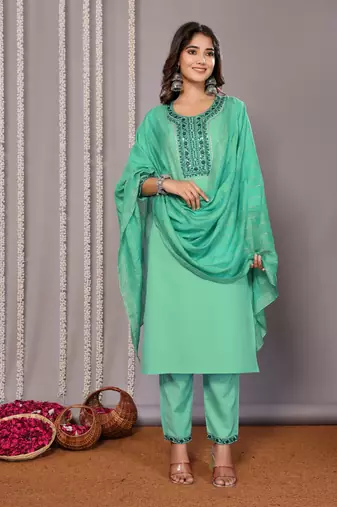 Sea green blended cotton fabric salwar suit with embroidered work
