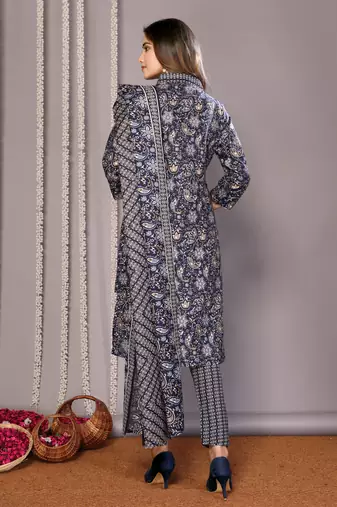 Blue blended cotton fabric salwar suit with foil printed 