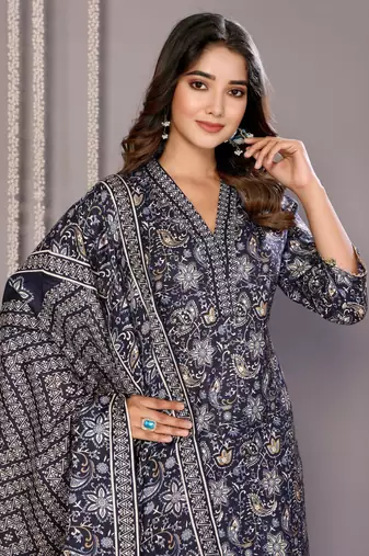 Blue blended cotton fabric salwar suit with foil printed 