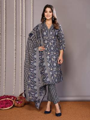 Blue blended cotton fabric salwar suit with foil printed  4