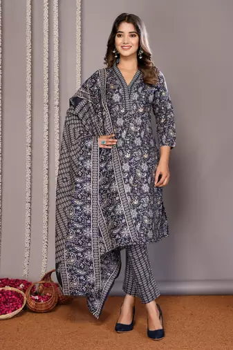 Blue blended cotton fabric salwar suit with foil printed 