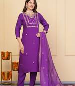 Purple viscose chanderi designer embroidery work festive wear kurta set