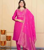 Pink viscose chanderi designer embroidery work festive wear kurta set