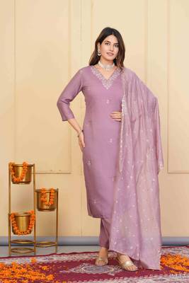 Lavender viscose chanderi designer embroidery work festive wear kurta set 1