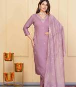 Lavender viscose chanderi designer embroidery work festive wear kurta set
