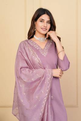 Lavender viscose chanderi designer embroidery work festive wear kurta set 3