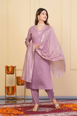 Lavender viscose chanderi designer embroidery work festive wear kurta set 4