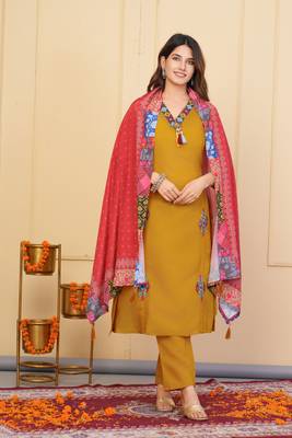 Mustard viscose chanderi designer embroidery work festive wear kurta set 1