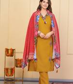 Mustard viscose chanderi designer embroidery work festive wear kurta set