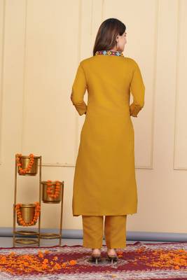 Mustard viscose chanderi designer embroidery work festive wear kurta set 3